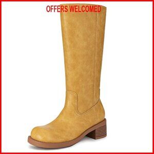 Women's Knee High Boots Square Toe Chunky Block Low Heel Riding Tall Boots